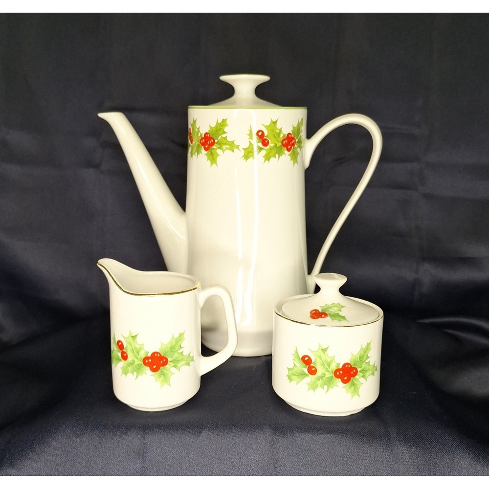Schmidt Porcelain Coffee Tea Pot Christmas Holly Leaf‎ Berry + other Cream Sugar